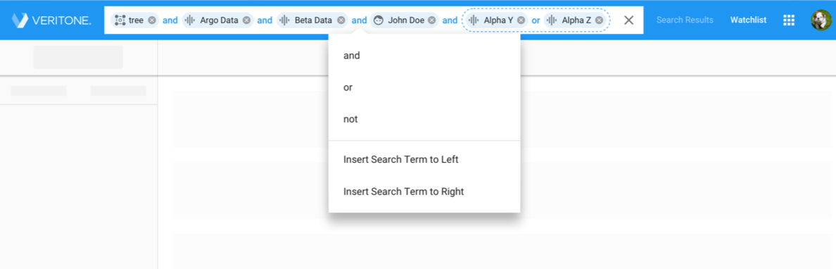 Final Boolean search bar with editable search pills and an operator menu offering and, or, not, and insert search term options