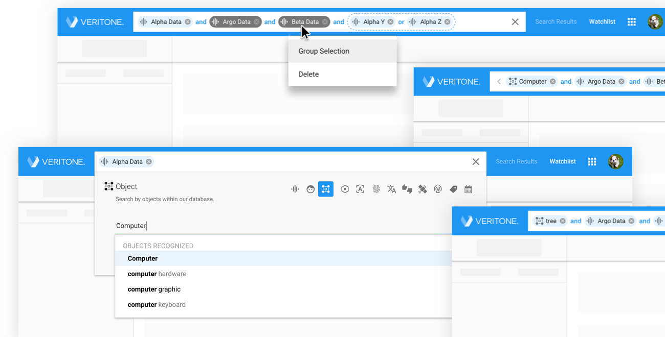 Redesigned Boolean search bar with editable, grouped search pills