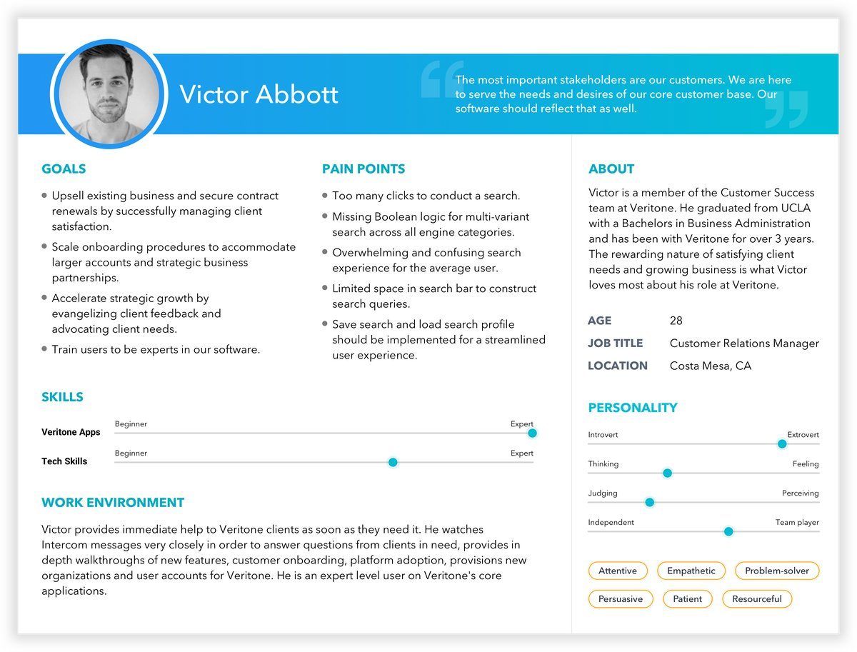Victor Abbott, primary persona. Customer Relations Manager at Veritone