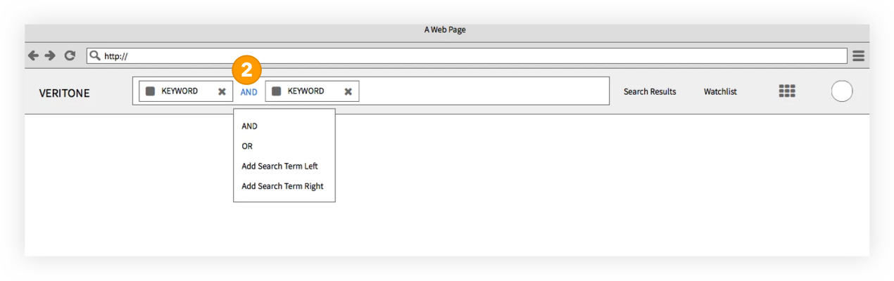 Wireframe showing Boolean AND/OR operators across all cognitive search categories
