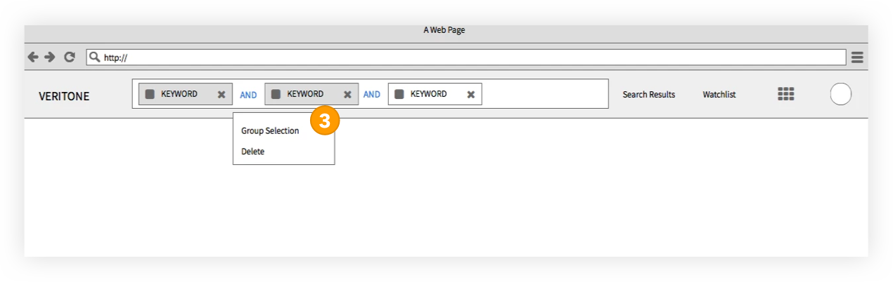 Wireframe showing grouped search pills with individual term editability