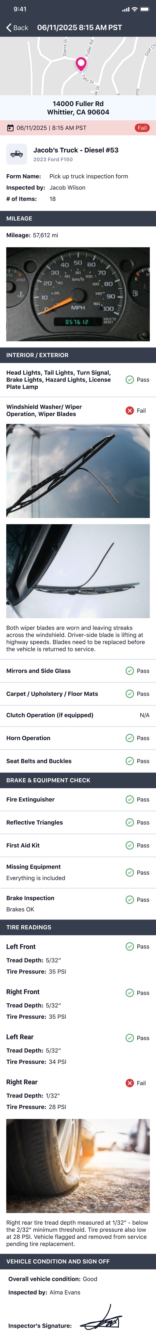 Completed inspection detail