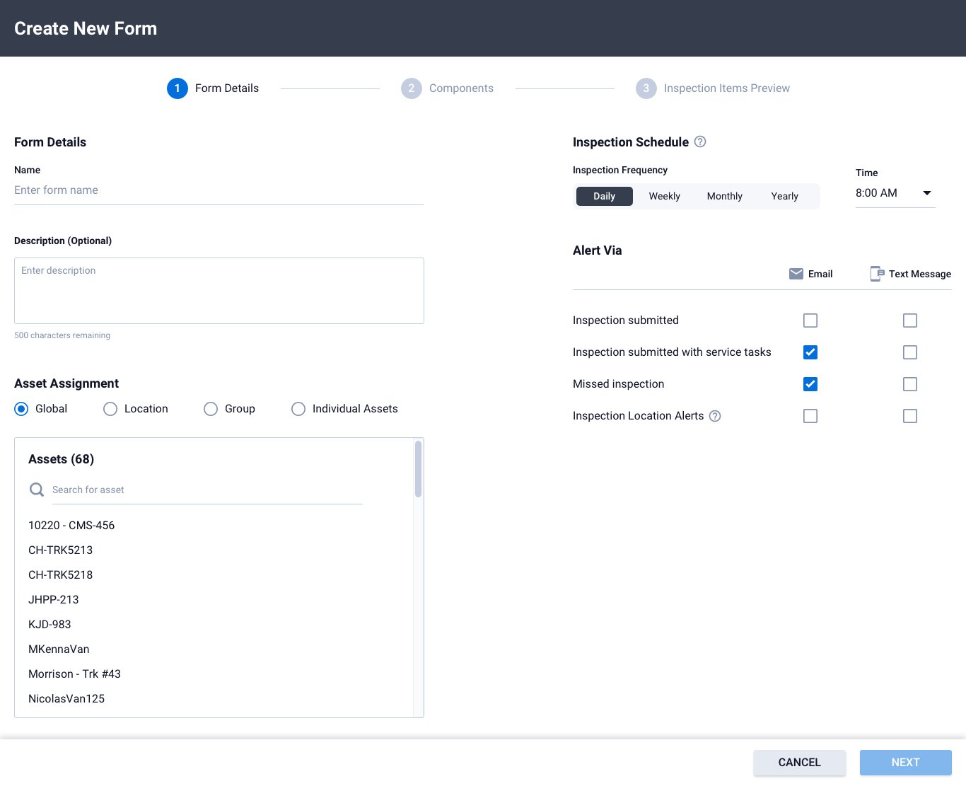 Form Builder - Step 1: Daily frequency, asset assignment, and alert settings.