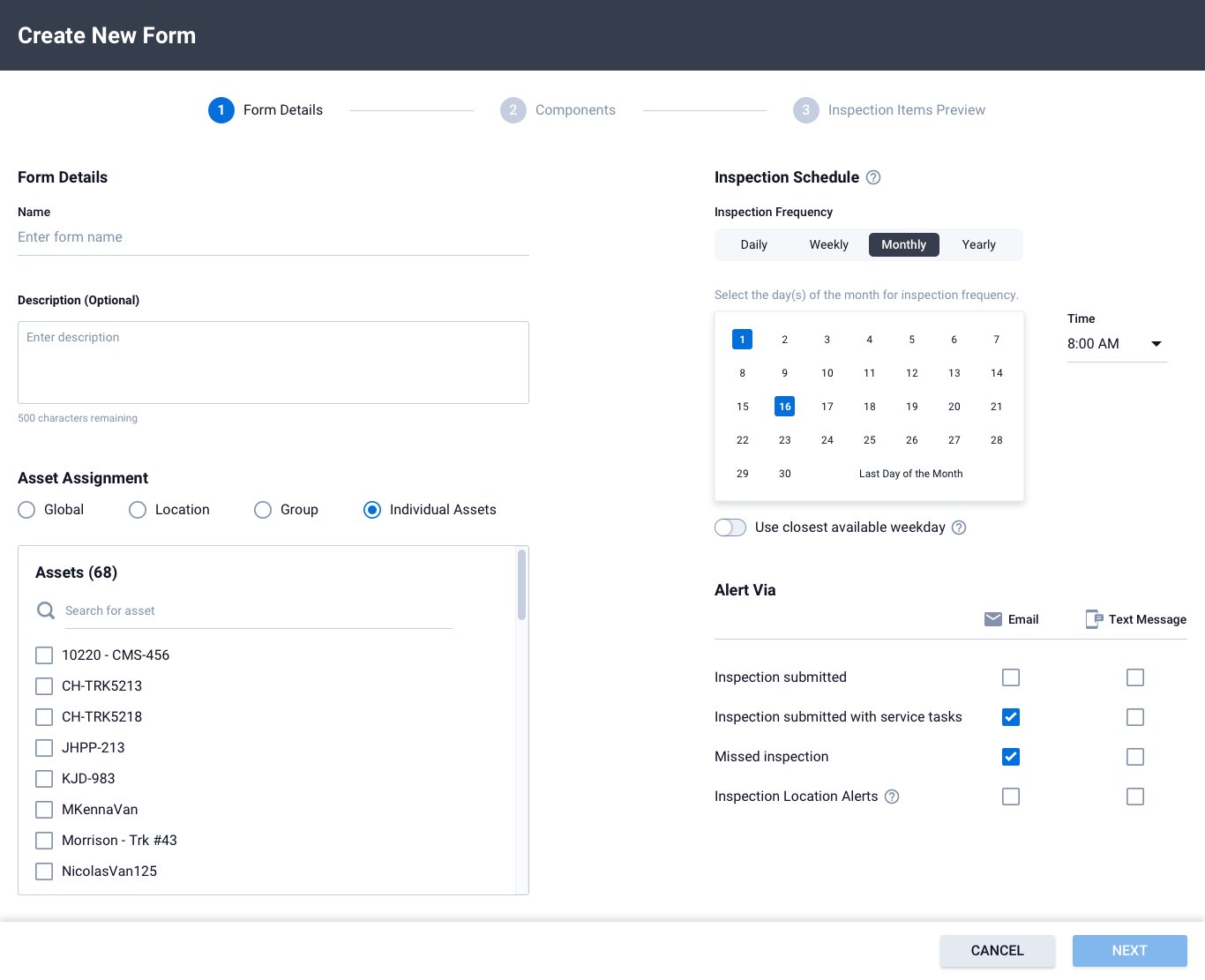 Form Builder - Step 1: Monthly frequency with day-picker and individual asset selection.