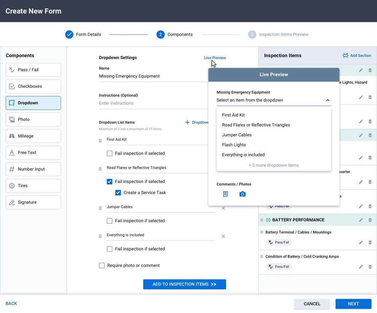 Dropdown list with configurable options, live preview, and fail-trigger settings