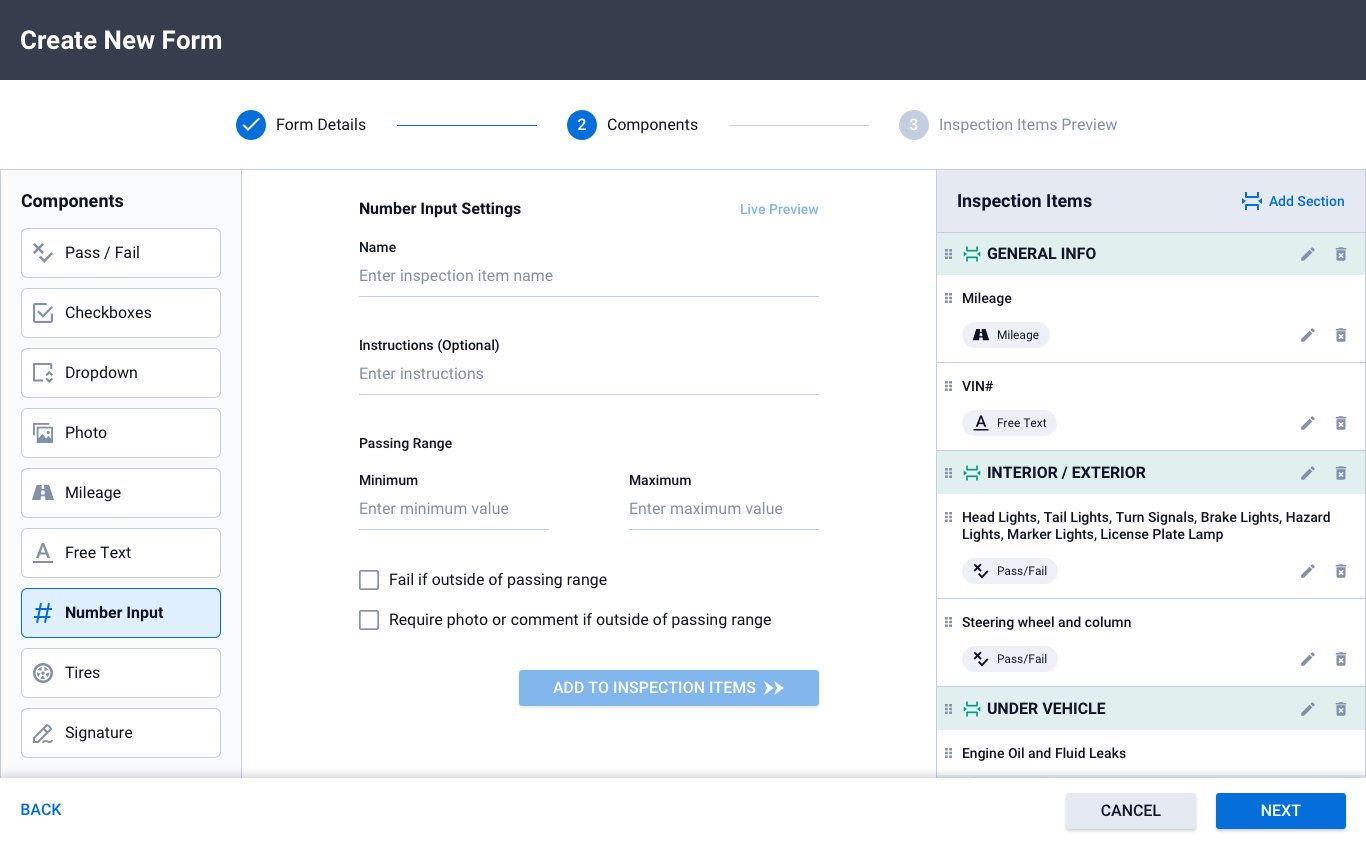 Number Input with pass/fail threshold and auto-fail trigger settings