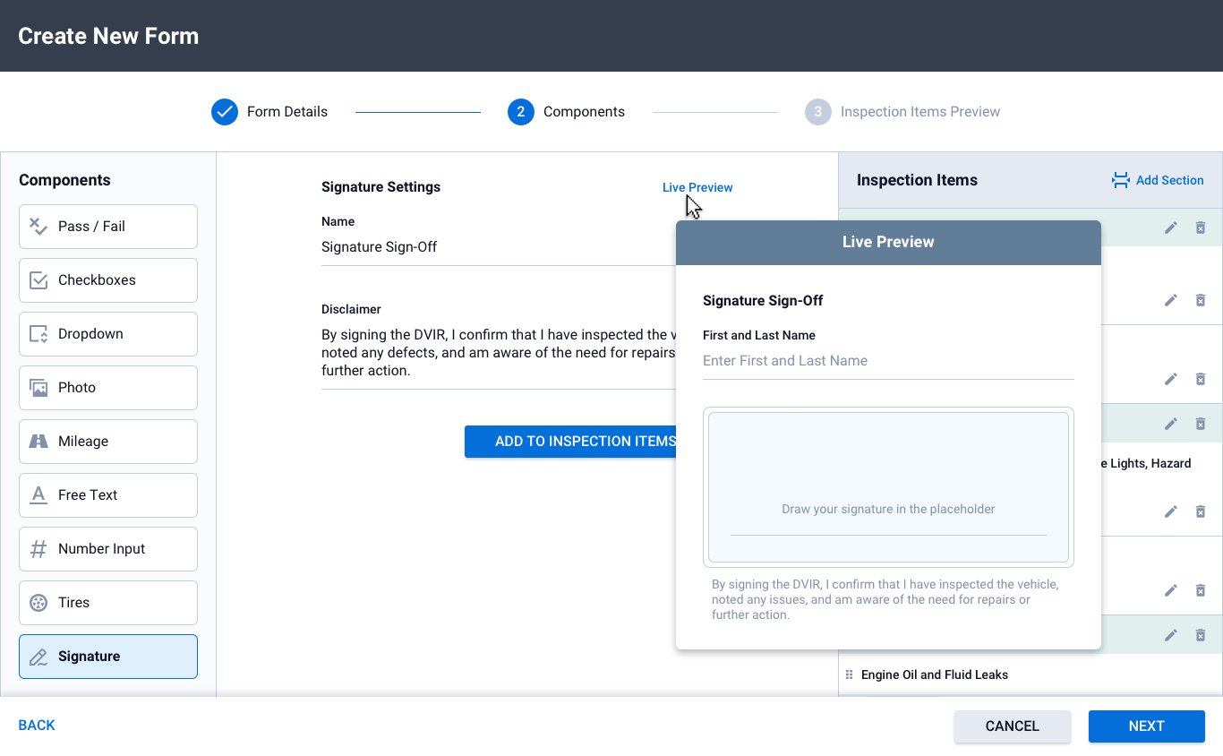Signature component - DVIR-compliant sign-off with custom disclaimer and signature draw area.