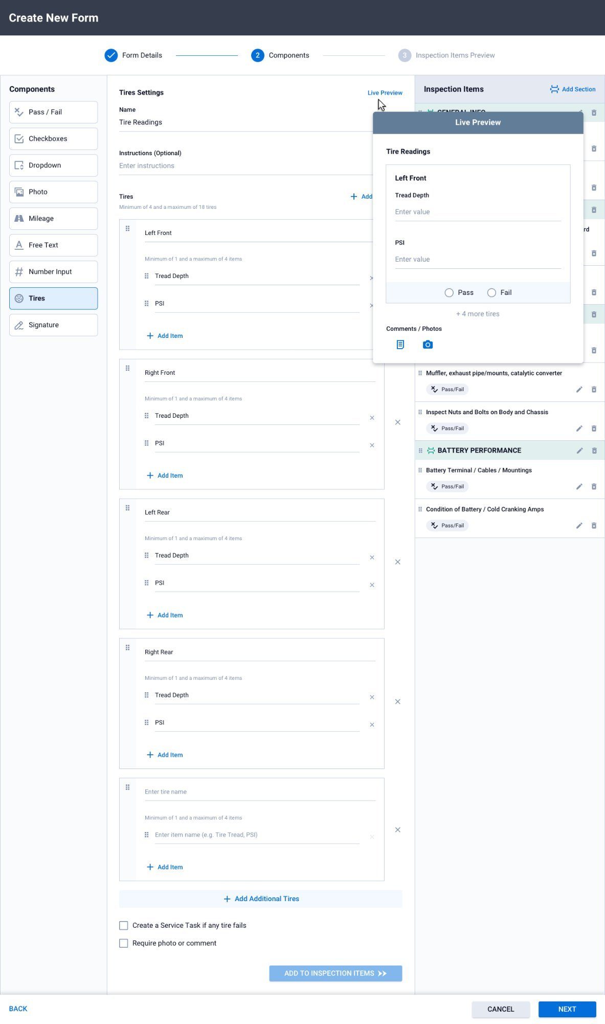 Multi-tire inspection with configurable items, live preview, and pass/fail logic