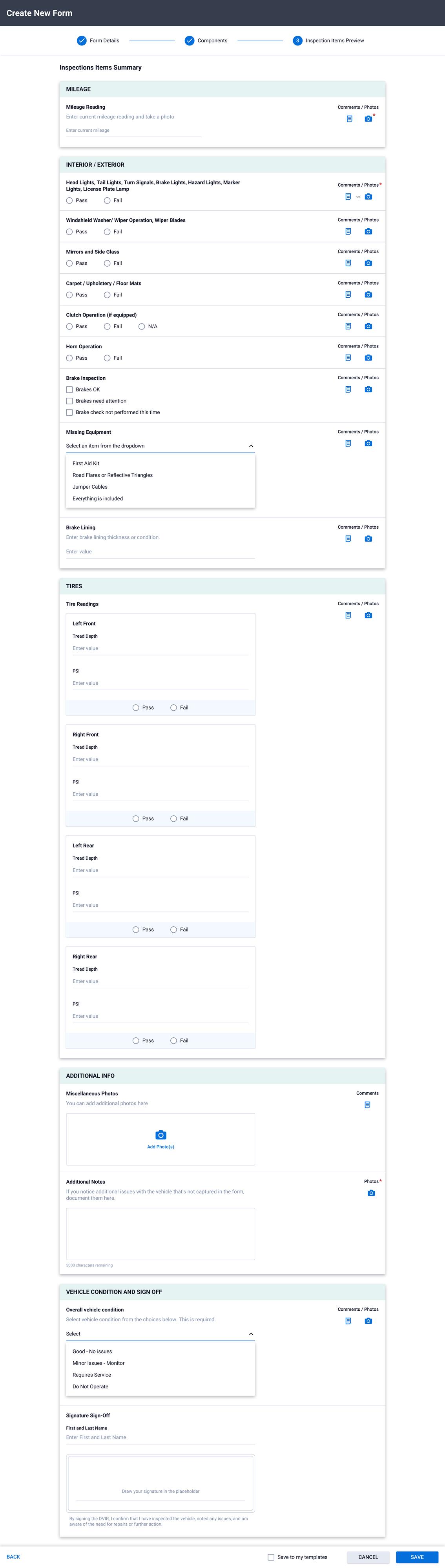 Step 3 Inspection Preview - complete form rendered in driver-facing order from Mileage through Sign Off.