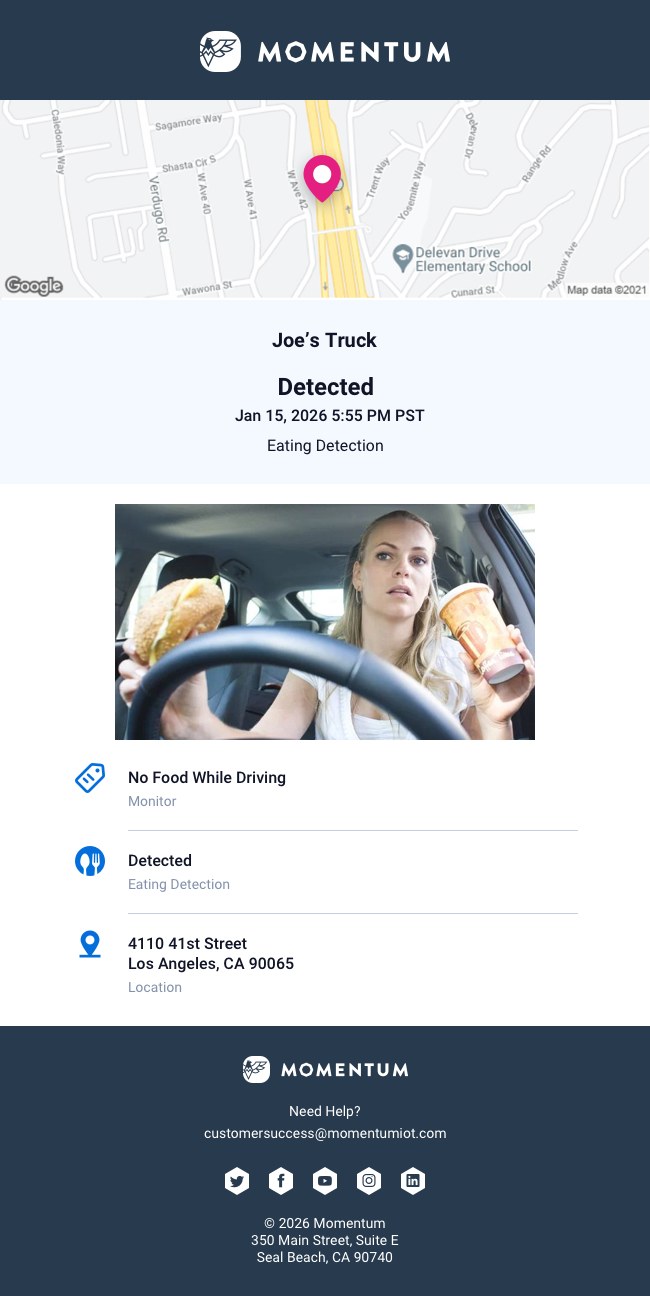 Email alert for eating detection with cabin-facing photo and location