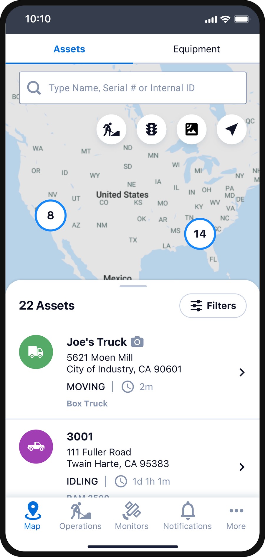 Fleet map with grouped assets