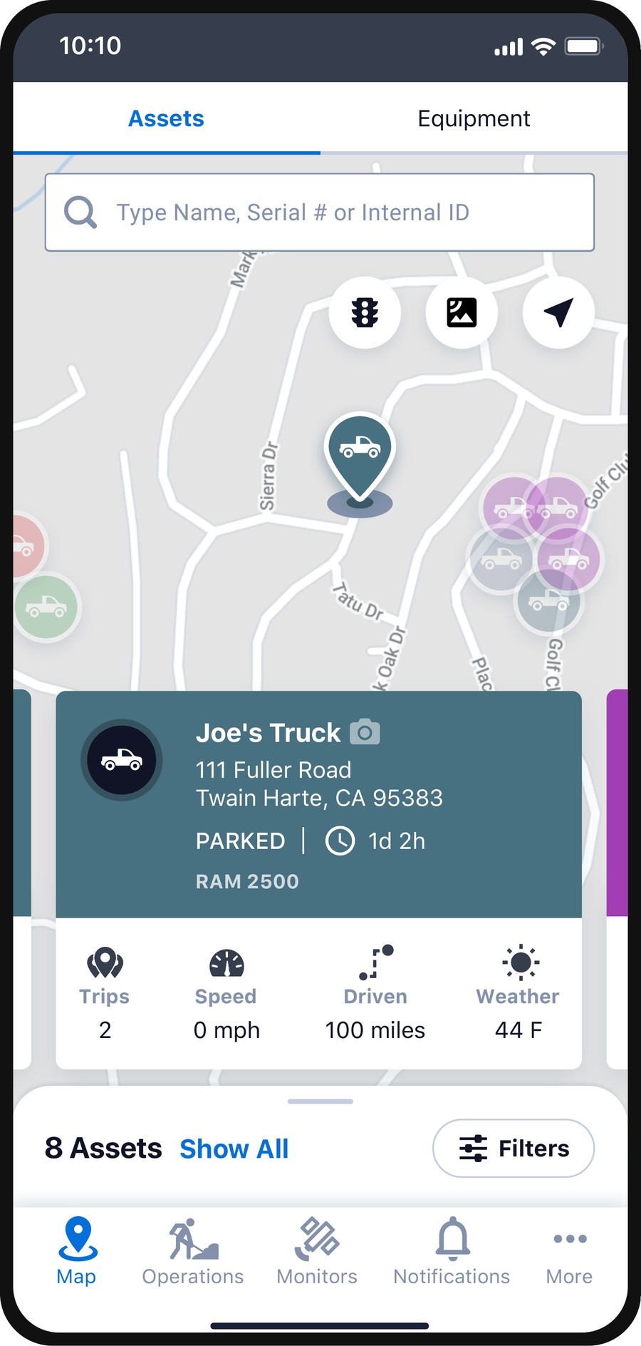 Asset card with vehicle status and dash cam indicator