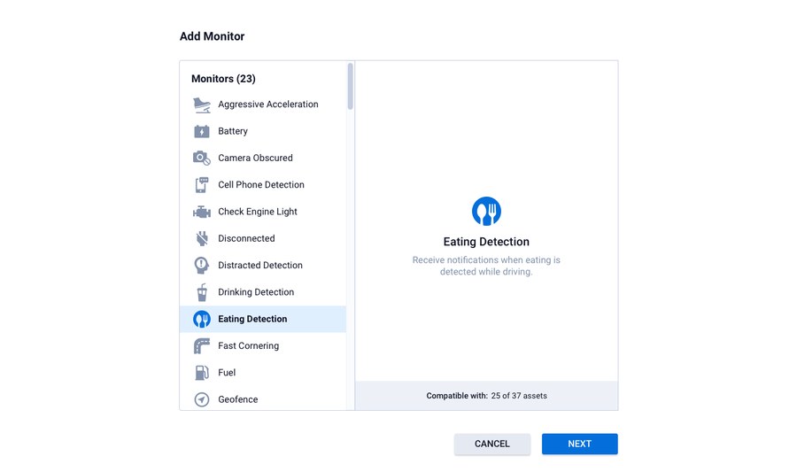 Monitor setup list showing available behaviors to track