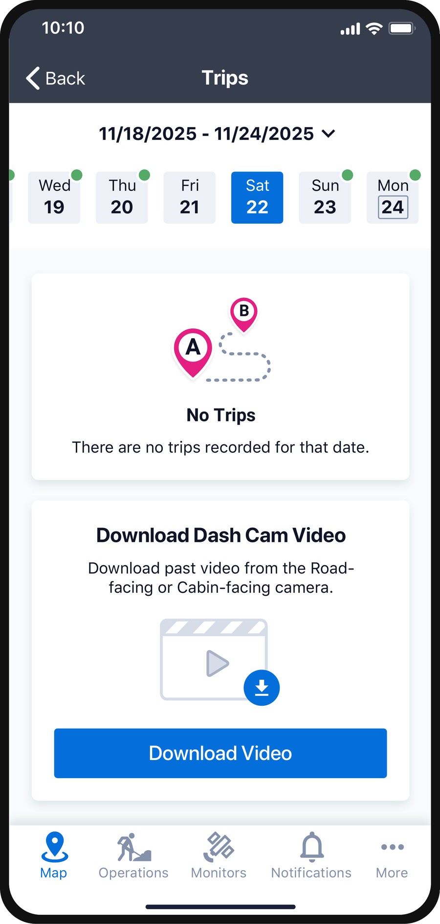 Empty trips state with dash cam download option