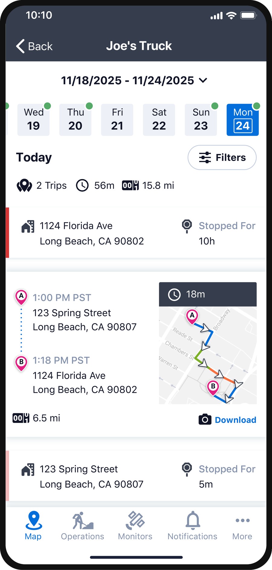 Trips list with camera download icon