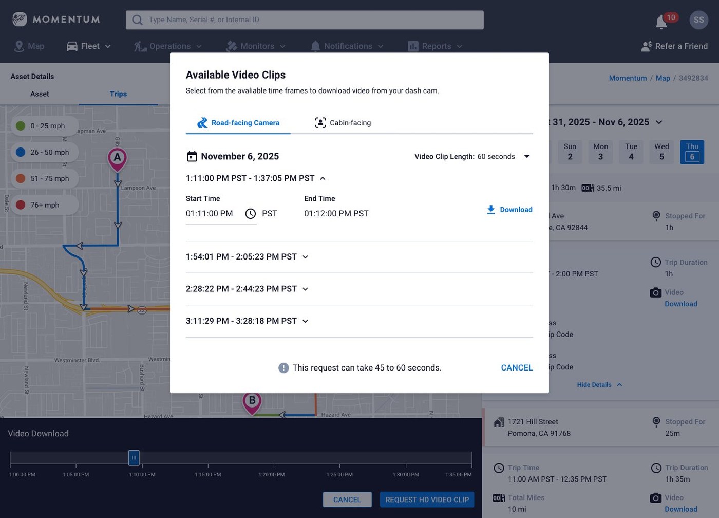 Web app video clip download modal showing road-facing camera, time ranges, and download options