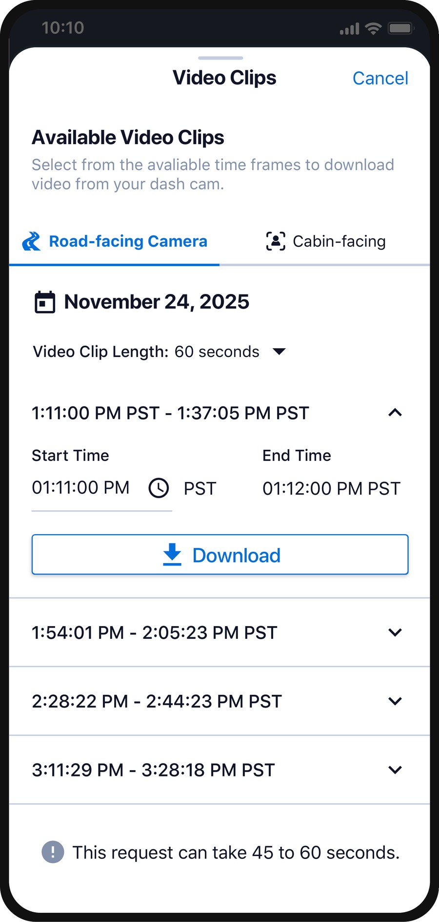 Video clip selector modal