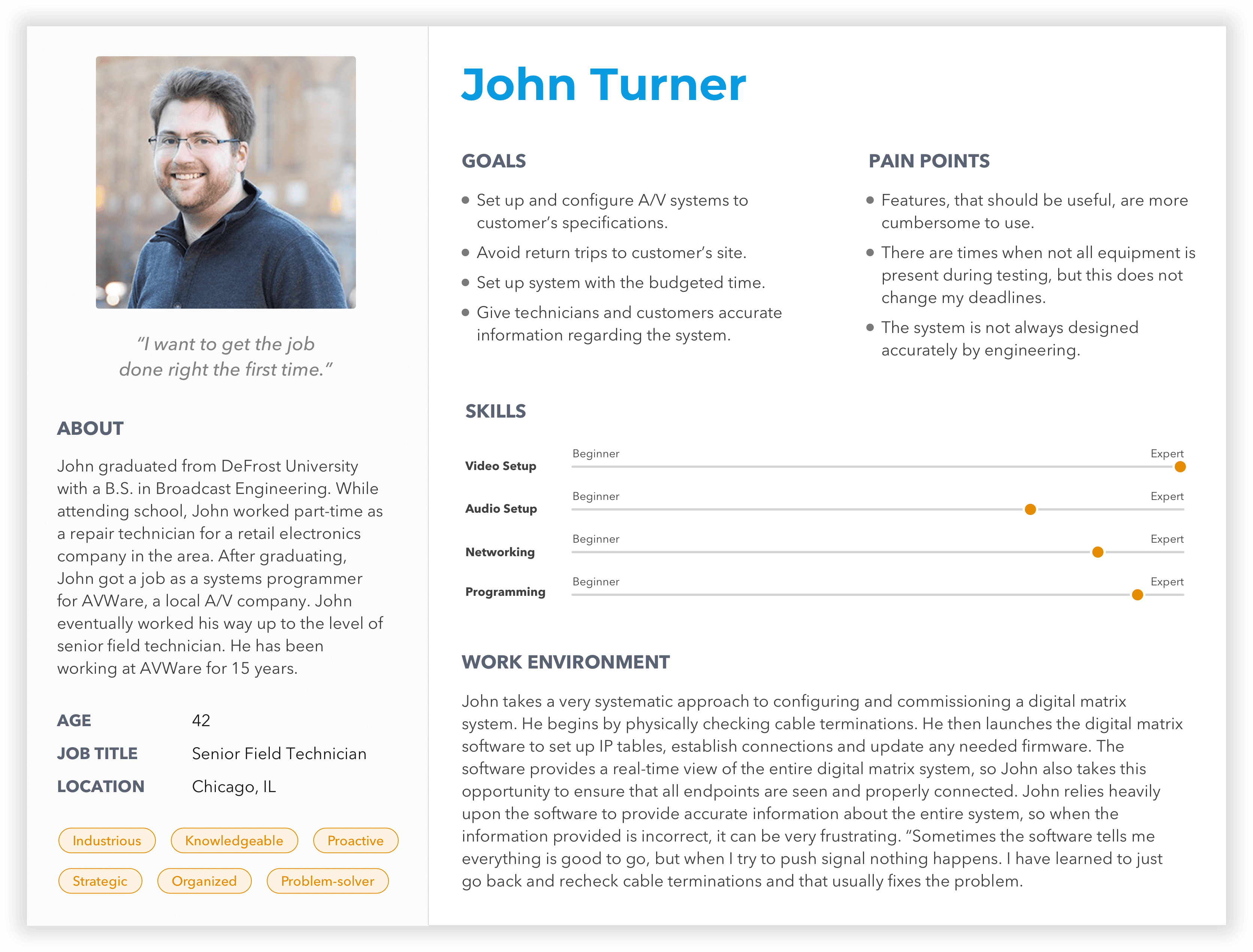 John Turner, primary persona. Senior Field Technician at AVWare