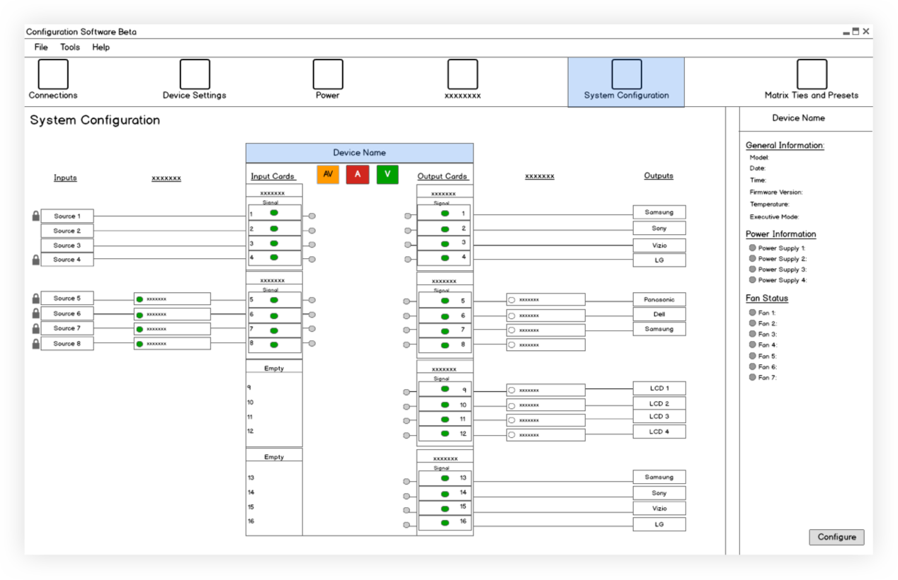 XTP wireframe. System Configuration screen with input/output matrix and device status panel